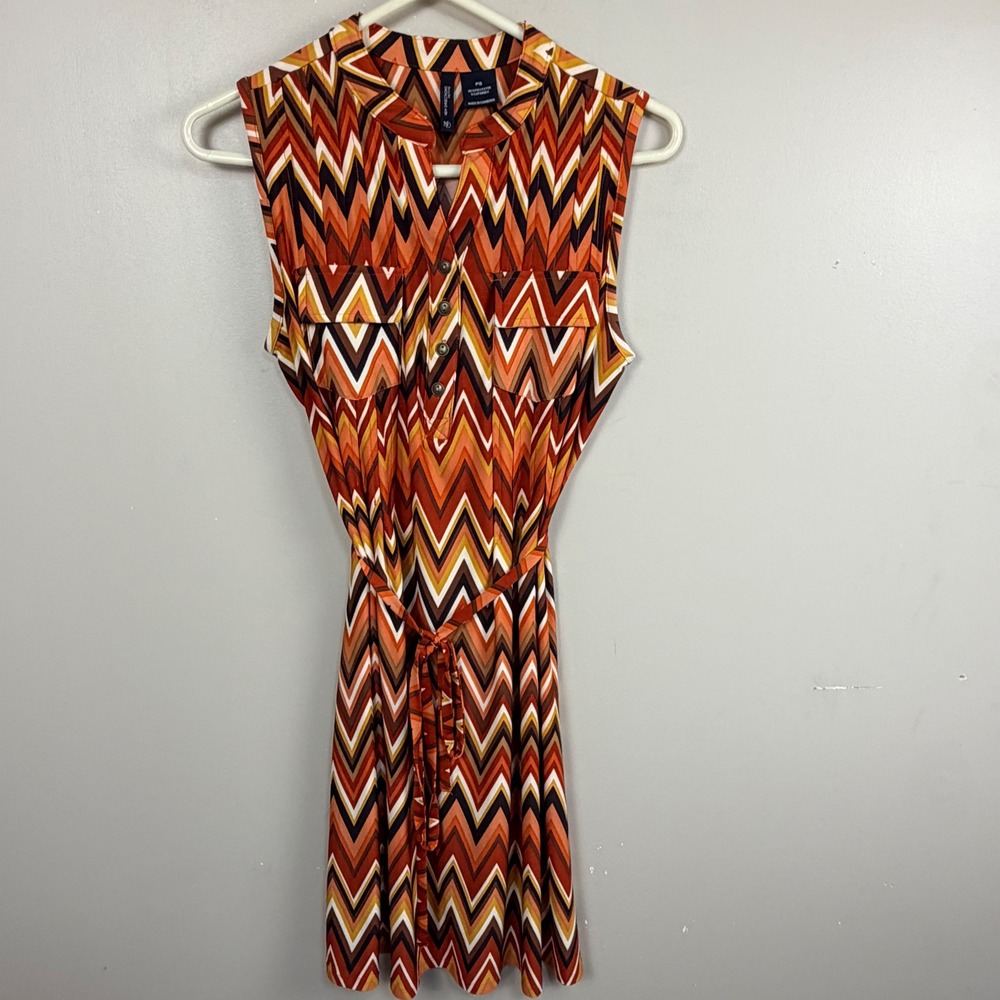 New Directions Shirt‎ Dress Womens PS Orange Chevron Sleeveless Belted Zigzag